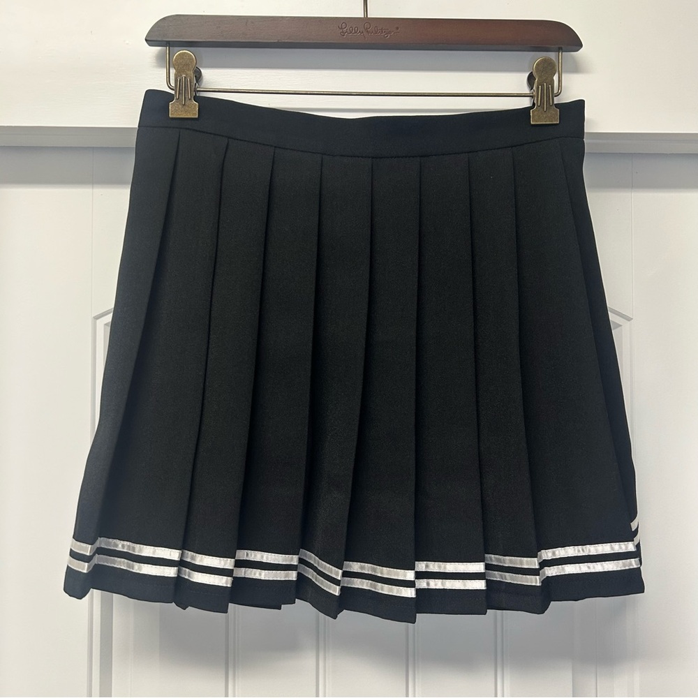 Black Pleated Mini Skirt Ribbon Trim Stripes Size L Blokecore Cheerleading